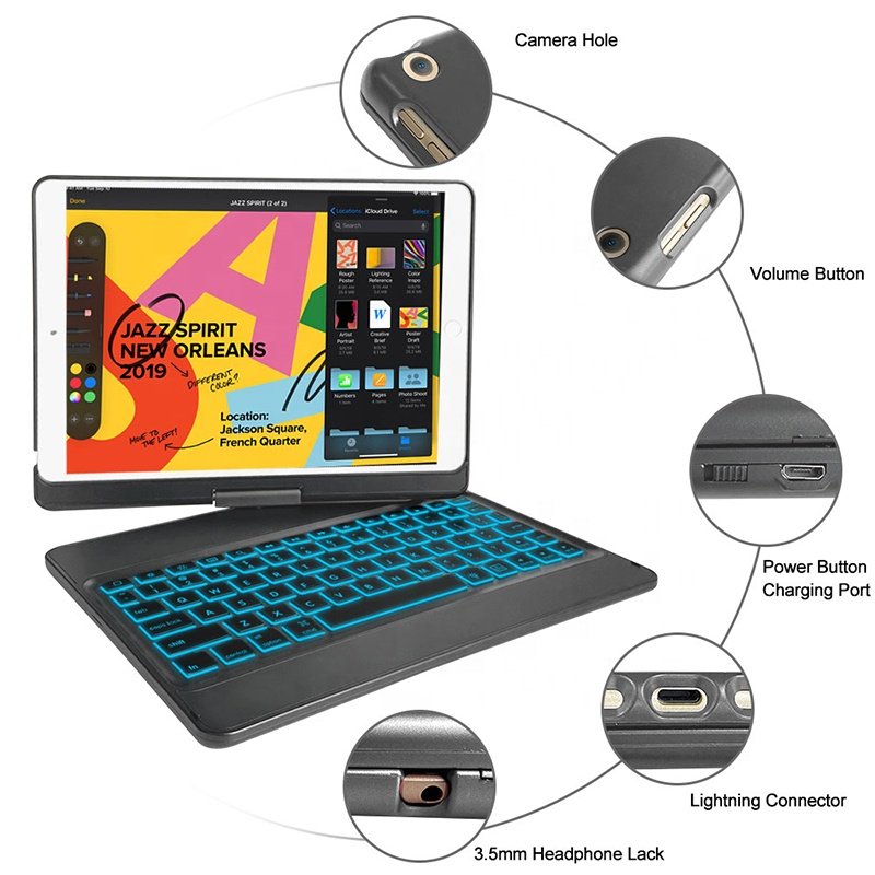 360 Degree Rotating Portable Tablet Cover for iPad 7th Accessories 10.2 Inch Pencil Holder Wireless BT Keyboard Case