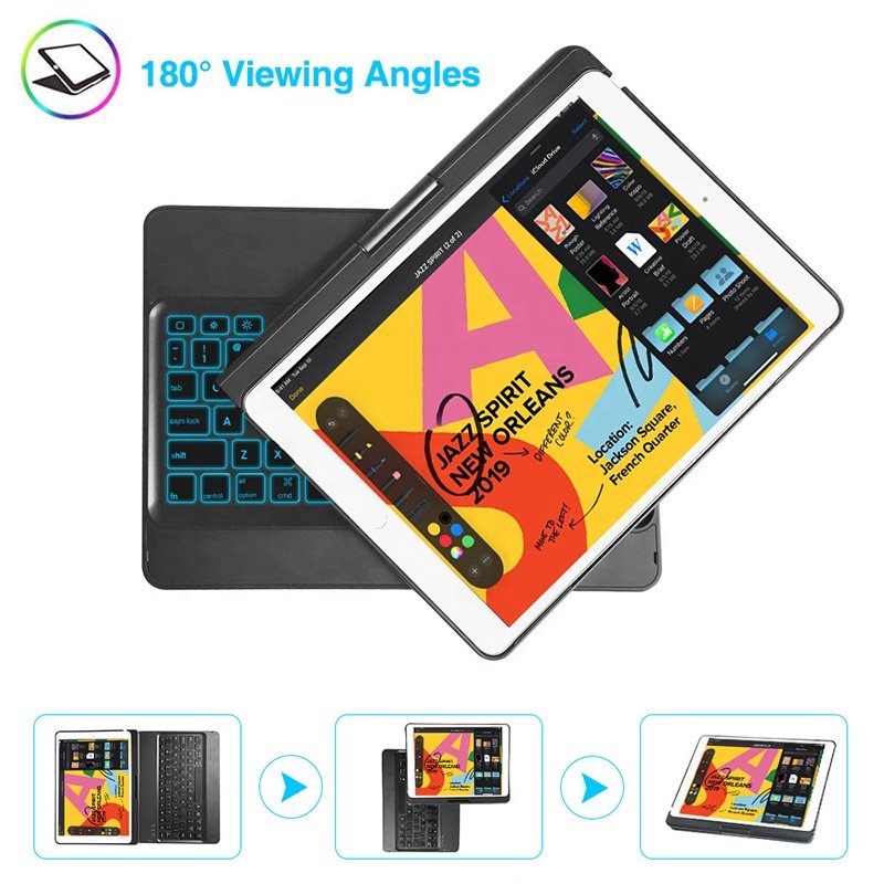 360 Degree Rotating Portable Tablet Cover for iPad 7th Accessories 10.2 Inch Pencil Holder Wireless BT Keyboard Case