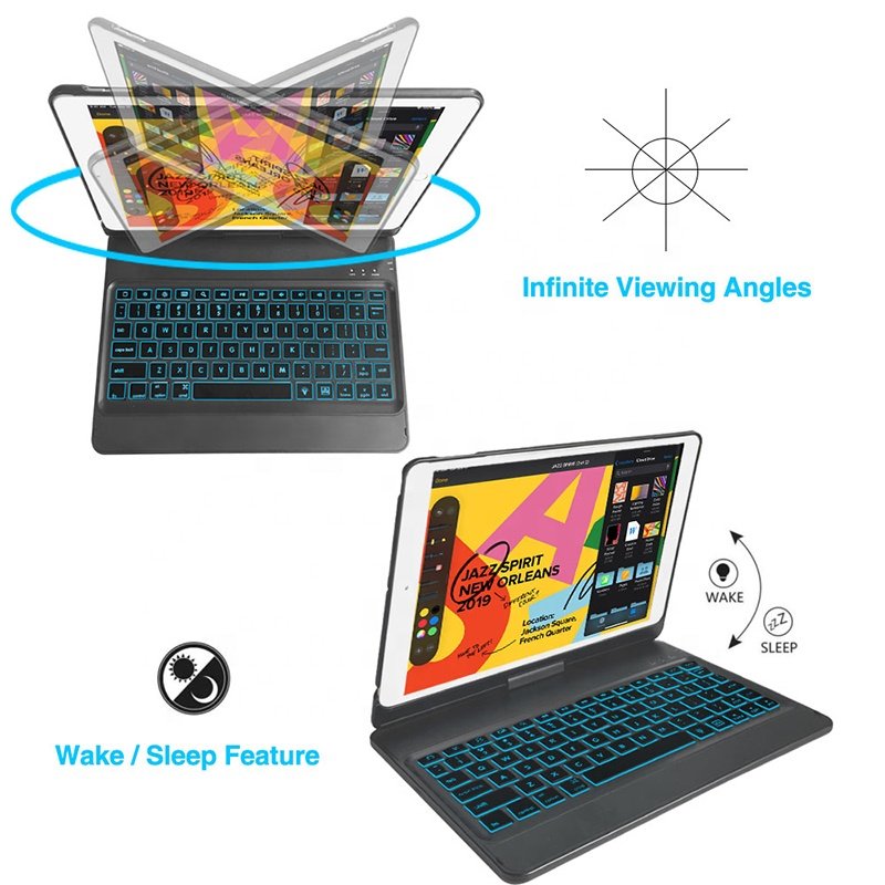 360 Degree Rotating Portable Tablet Cover for iPad 7th Accessories 10.2 Inch Pencil Holder Wireless BT Keyboard Case