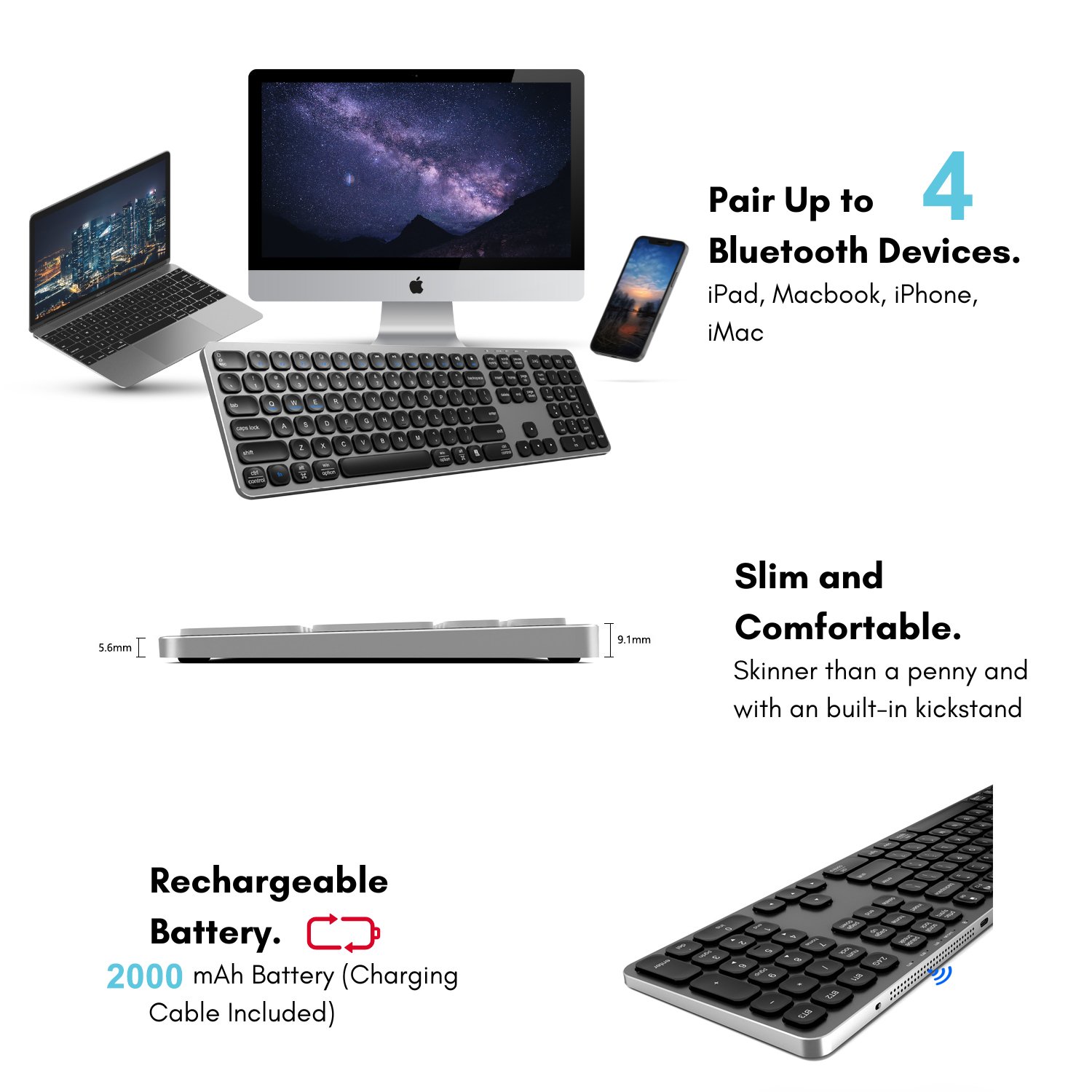 Luxurious Full Size Silent Ultra Slim Wireless Multi-Device Office 7 Color RGB Backlit Bluetooths Aluminium Keyboard