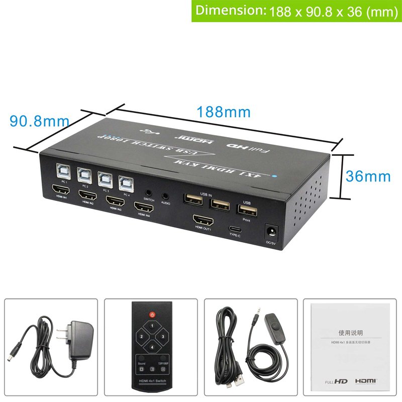 4K@60Hz KVM Switch HDMI USB Port 4 in 1 Out Switcher Selector for 4 Computers Share Keyboard Mouse Printer and 1 HD Monitor