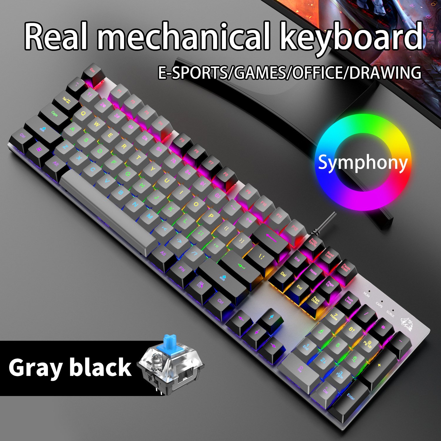 104 Keys Blue Switch Full Size Free Wolf K1 Wired Backlight Mechanical Keyboard