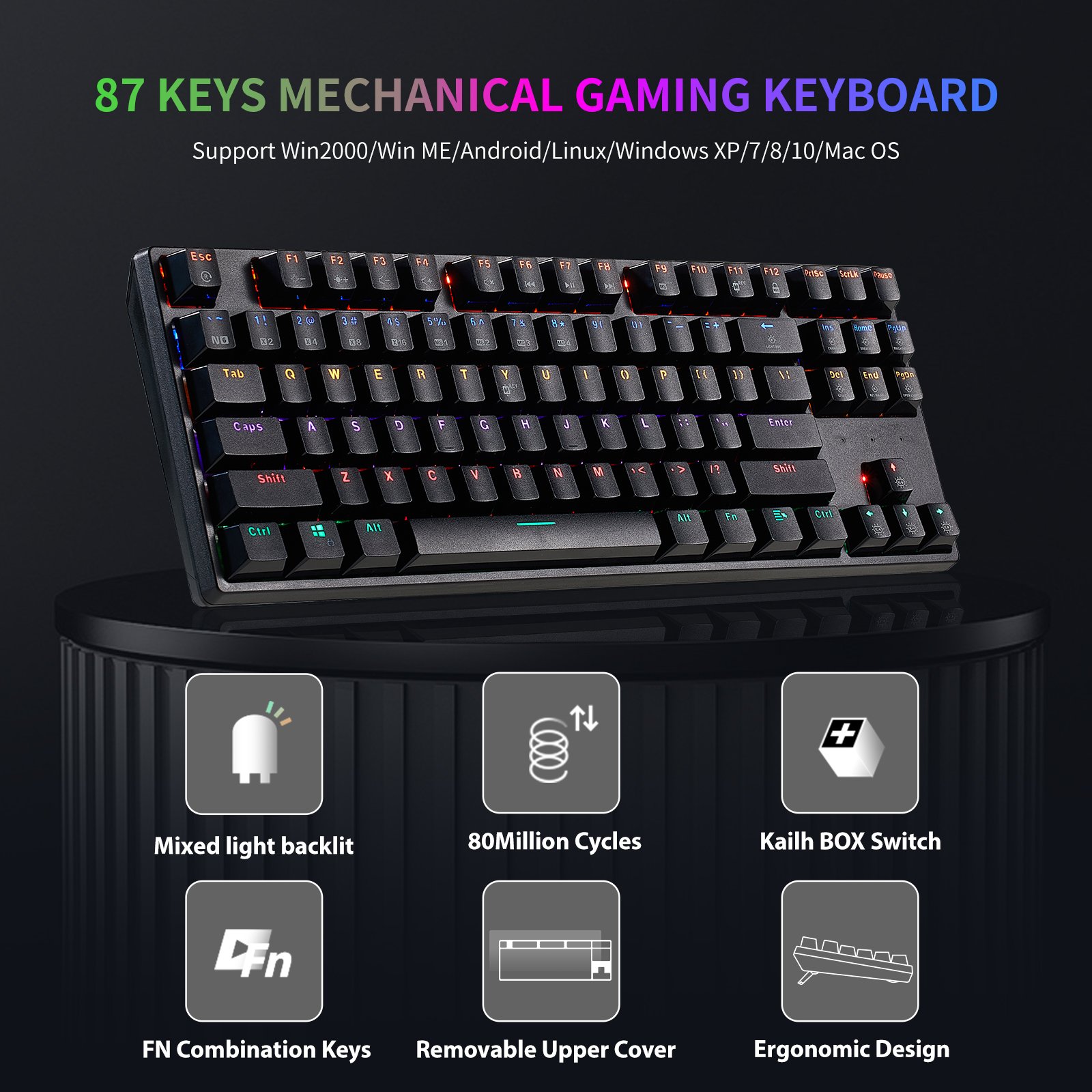87 Keys RGB Backlit Compact Mini Keyboard USB Type-C Wired Hot Swap Ergonomic Red Switch Gaming Mechanical Keyboard For Laptop