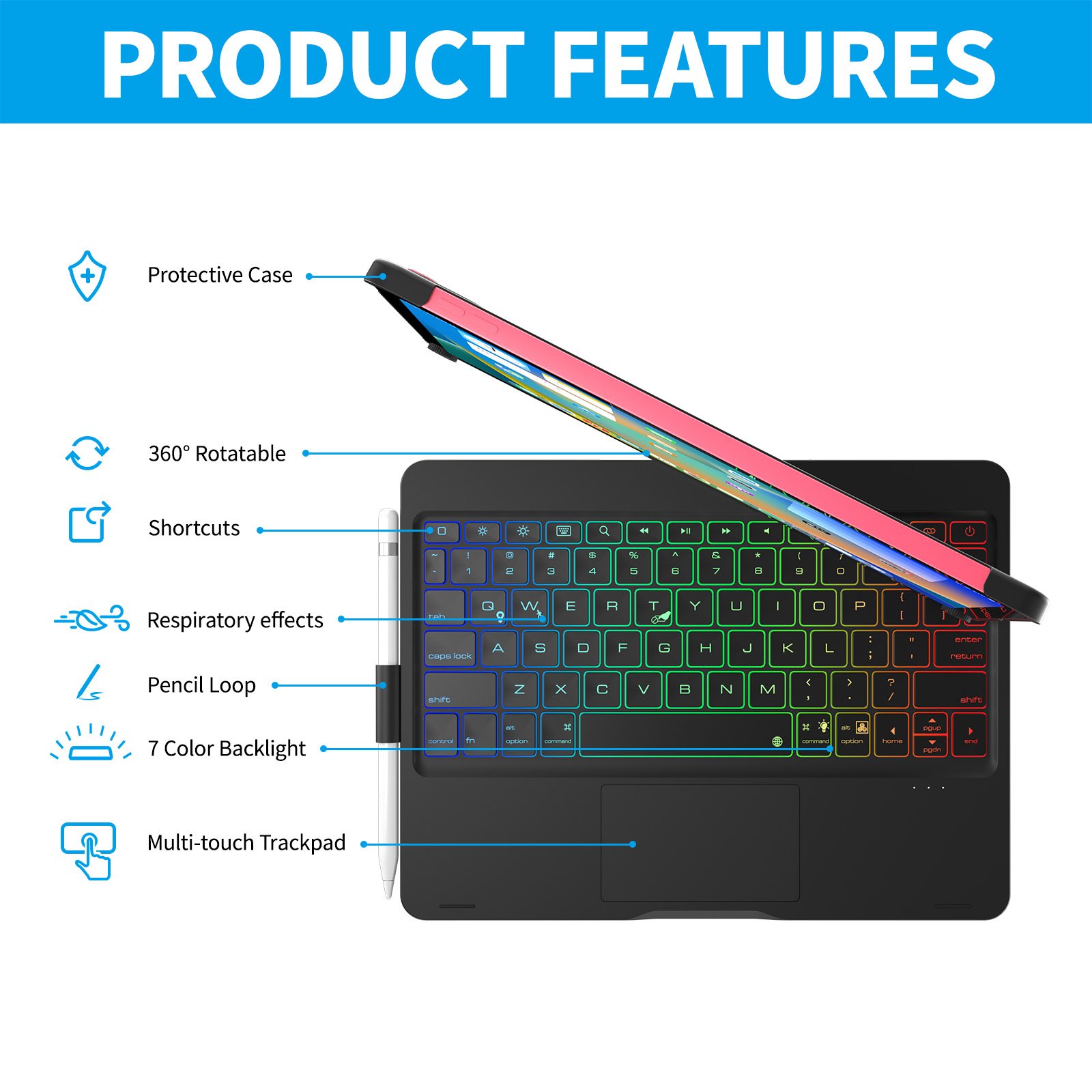 For iPad 10th 10.9 inch Generation Case with Keyboard 7Color Backlight 360 Rotatable Protective Cover with Pencil Holder