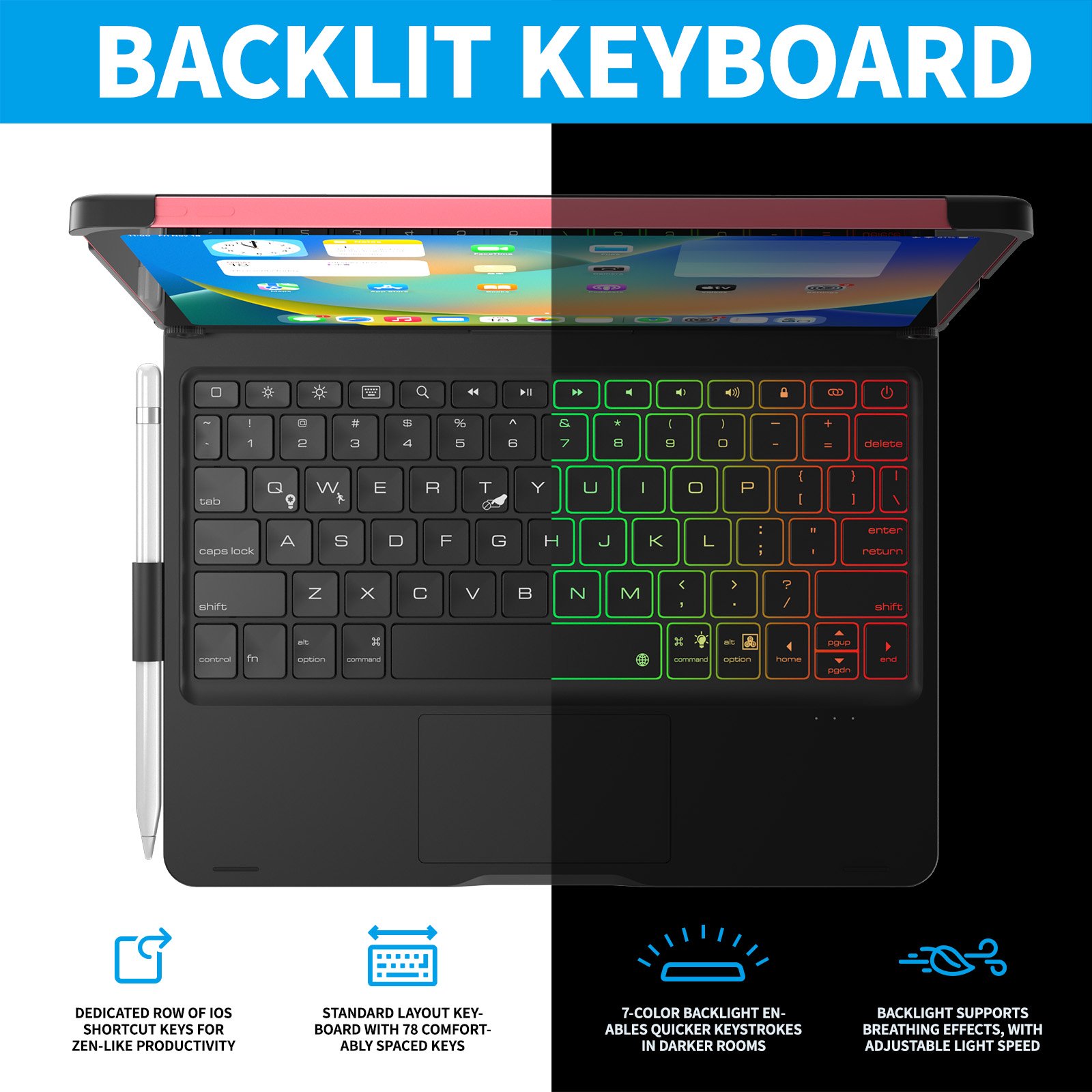 For iPad 10th 10.9 inch Generation Case with Keyboard 7Color Backlight 360 Rotatable Protective Cover with Pencil Holder