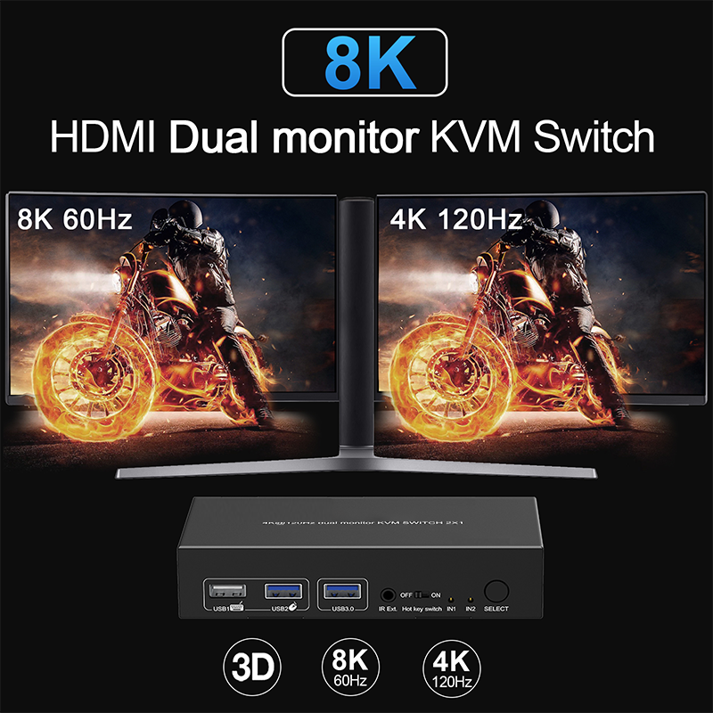 USB 3.0 KVM Switch HDMI Dual Monitor 2 output 2 Computer remote video switch hdmi 8K hdmi kvm switch 2 port dual monitor