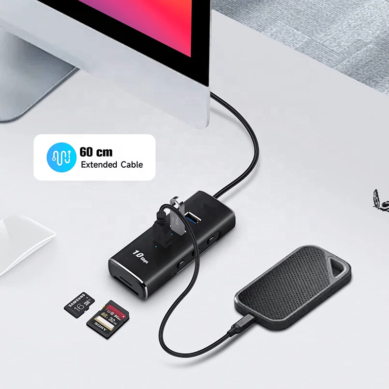 5 in 1 USB Type C Hub with 3*USB3.2 10Gbps Data Ports SD/TF Card Readers 2ft Cable and Individual Switches