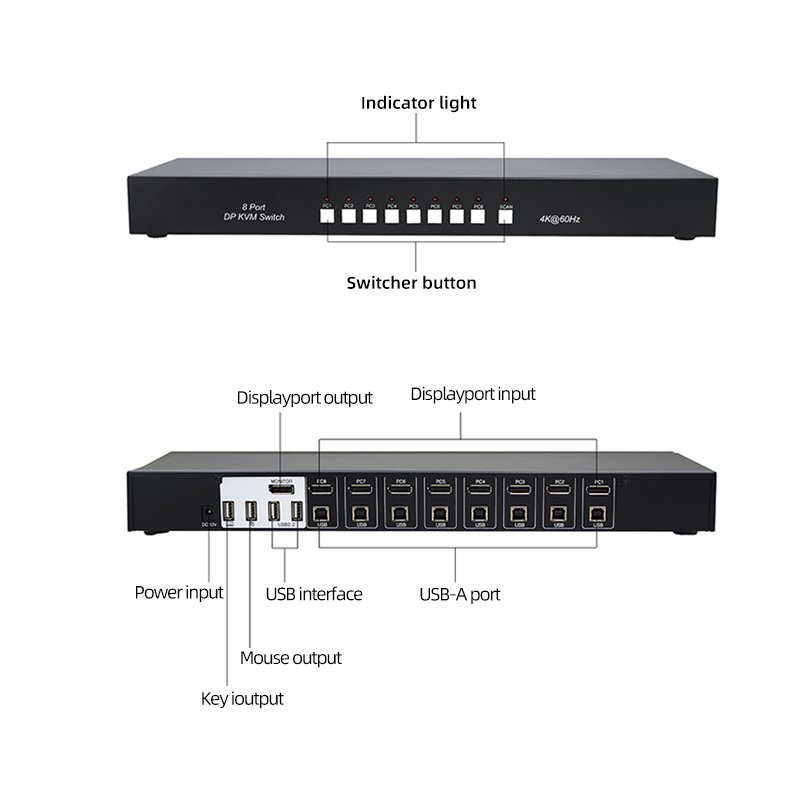 4K@60Hz 8 Port DP DisplayPort KVM Switcher 8 in 1 out DP1.2 Switch Converter with USB2.0 HUB