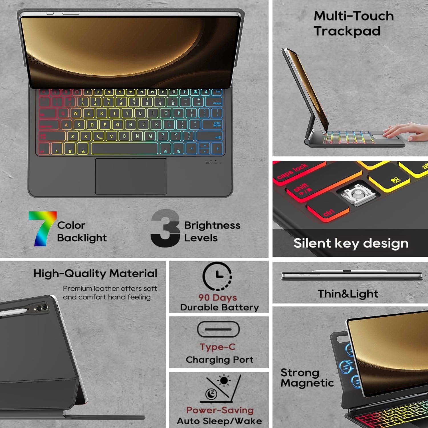 Wireless Keyboard Pu Leather Cover Magic Keyboard for Samsung Galaxy Tab S9 FE Plus S9FE+ SM-X610 SM-X616B Tablet Keyboard Case