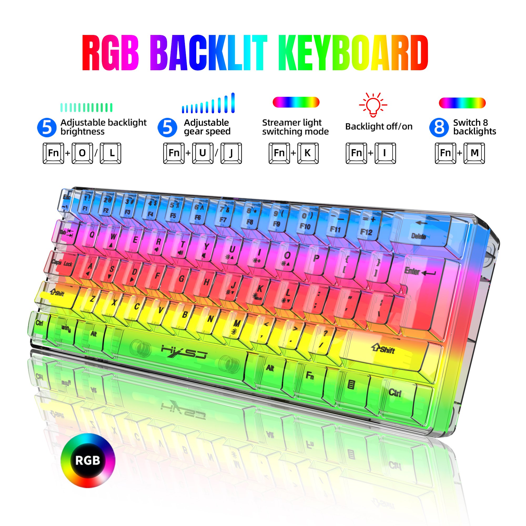 Popular choice HXSJ V700T 61 keys mini mechanical feel clear keyboard RGB ABS gaming full transparent keyboard for laptop pc