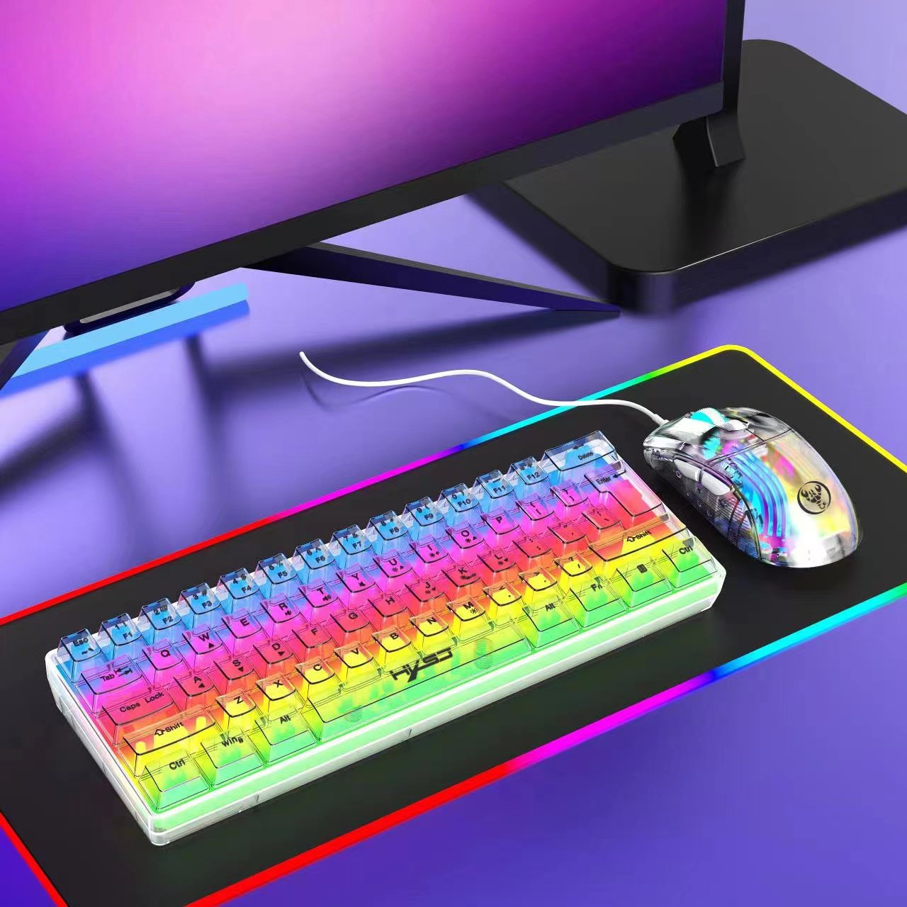 Popular choice HXSJ V700T 61 keys mini mechanical feel clear keyboard RGB ABS gaming full transparent keyboard for laptop pc