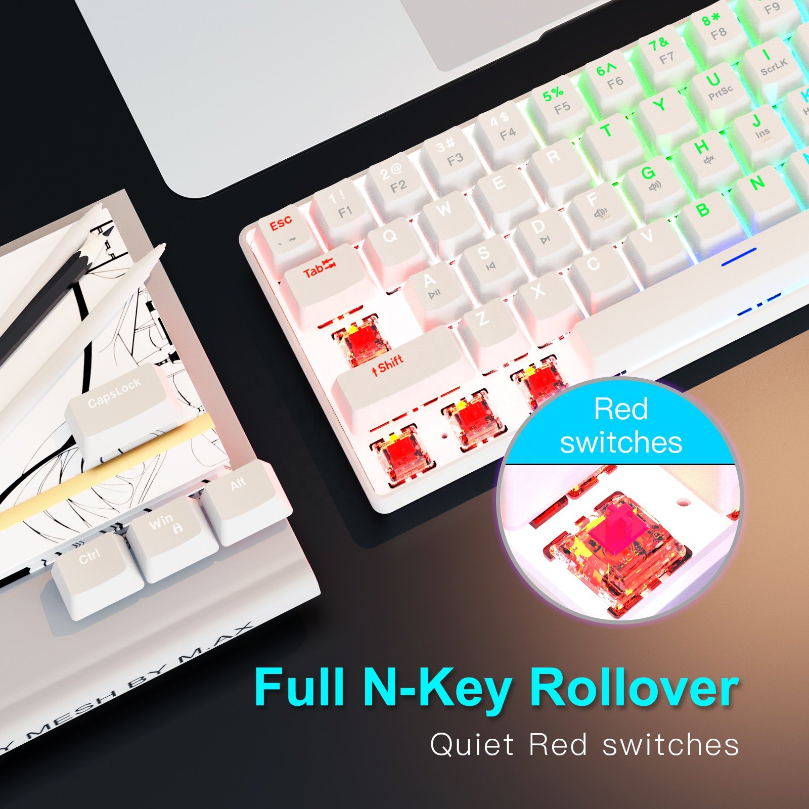 60 Percent Mechanical Gaming Keyboard Ergonomic Durable Detachable Type-C Cable Mini White Gaming Keyboard with Red Switches