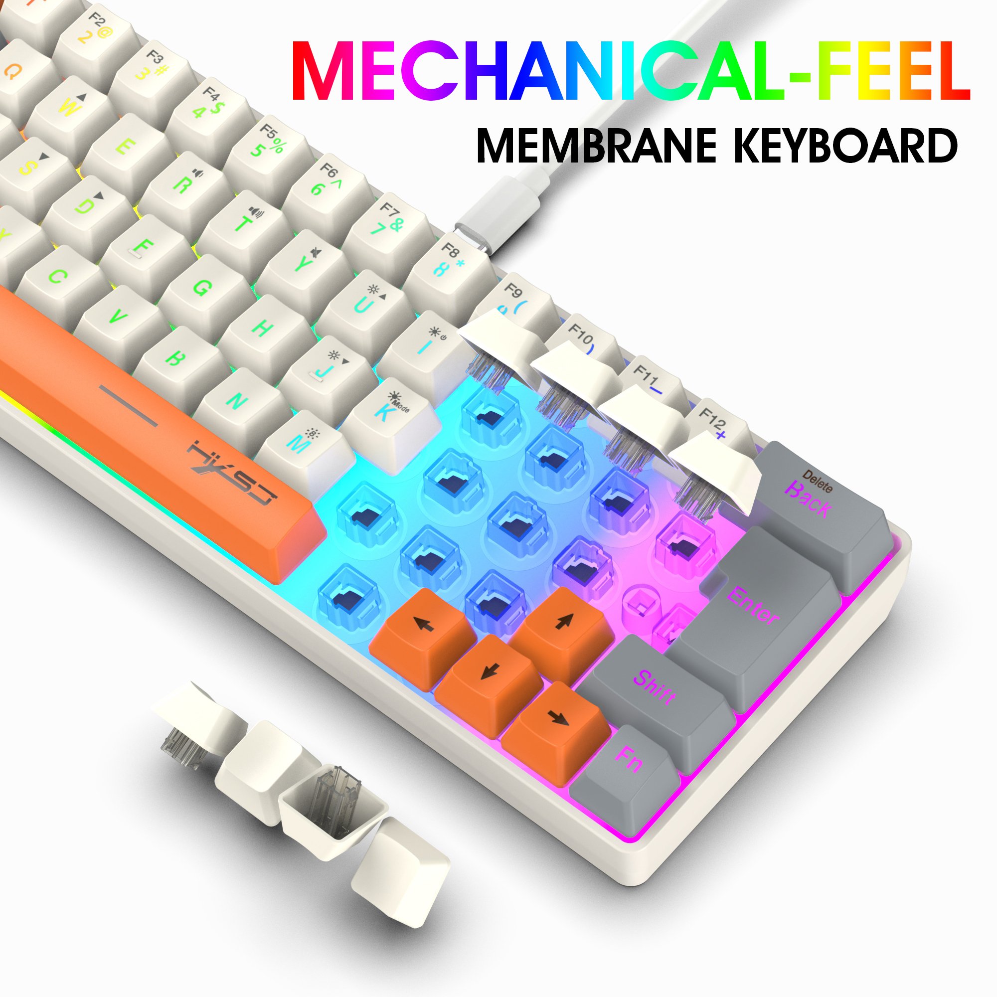 Hot Sale HXSJ V400 Compact 63-Keys RGB Backlit Wired Gaming Keyboard ABS Keycap Portable Ergonomic Design Multi-Keys Gamers