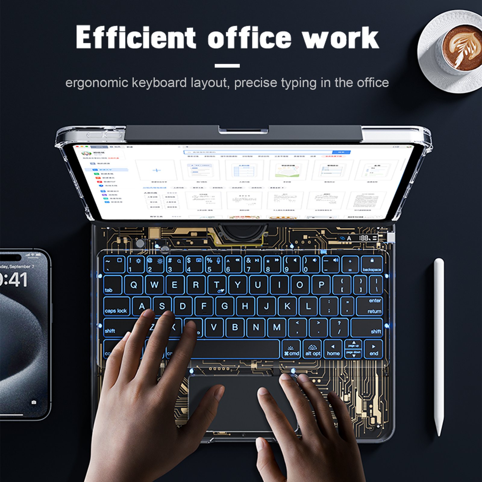 7 Color Backlit Touch Keyboard Case 360 Rotatable Protective Slim Cover for iPad pro 12.9 inch with Pencil Holder