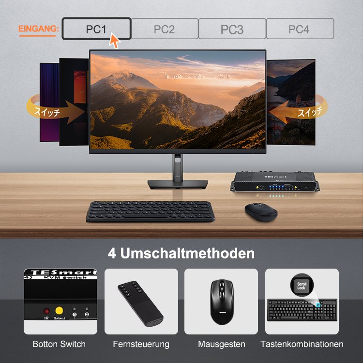 TESmart High Quality KVM Switcher hdmi usb 4k@60hz Support L/R Audio With EDID Emulator 1in 4 out 4 Port HDMI KVM Switch