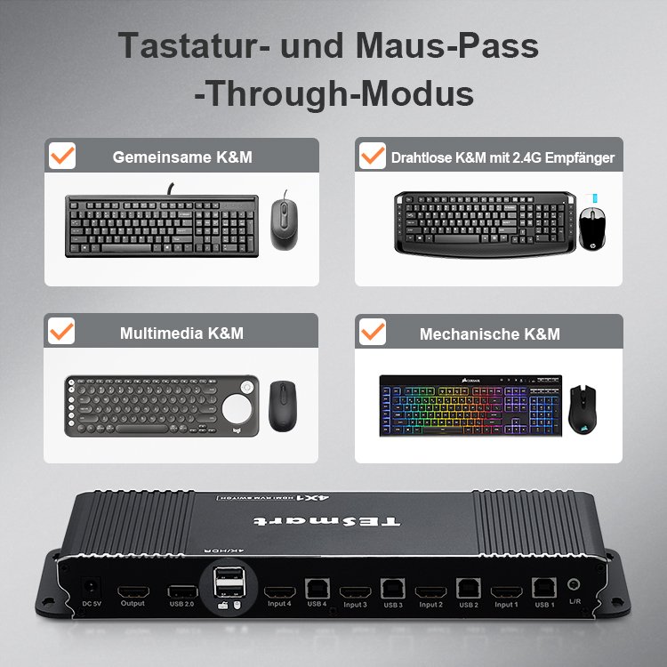 TESmart High Quality KVM Switcher hdmi usb 4k@60hz Support L/R Audio With EDID Emulator 1in 4 out 4 Port HDMI KVM Switch