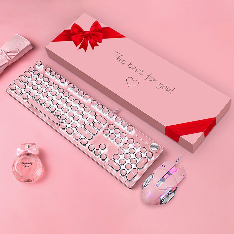 Gamingkeyboards Mechanical Gaming Keyboard and Mouse Combo With LED Backlit 104-Key Blue Switch Pink Wired Laptop Keyboard