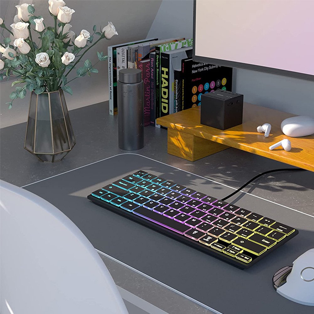Ultra Thin Wired USB Mini PC Keyboard with LED Backlit Gaming Keyboard Combo 60% Design for PC Apple Mac Laptop Notebooks