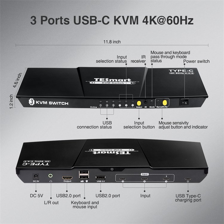 TESmart 3x1 USB C KVM Switch Support 4K 60HZ HDCP 2.2 Analog L/R HDR 10 EDID Emulators Type C KVM Switches
