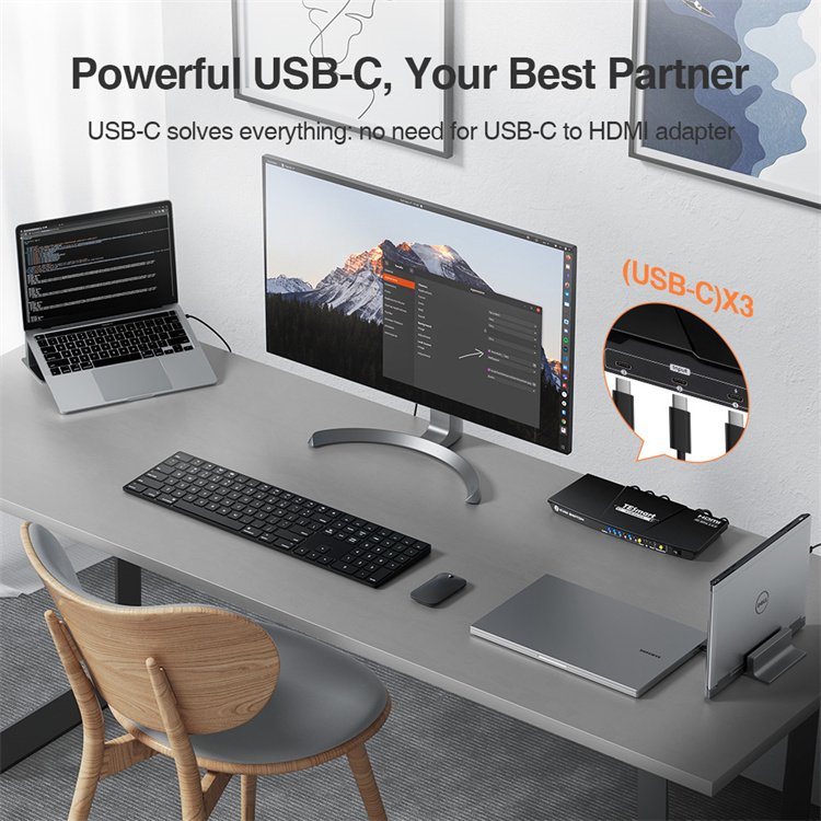 TESmart 3x1 USB C KVM Switch Support 4K 60HZ HDCP 2.2 Analog L/R HDR 10 EDID Emulators Type C KVM Switches