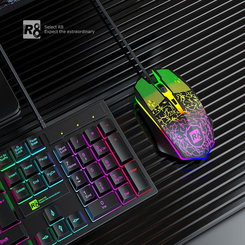 R8 RGB acklight Wired Gaming Keyboard and Mouse Combo USB Keyboard Mouse Set Game Character Luminous Keyboard Mechanical Combos