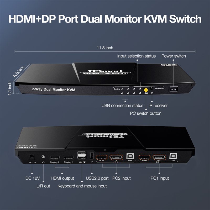 TESmart Kvm Switch with DP HDMI Dual Monitor 4 Ports Hot Key 4x2 4k60hz EDID HDMI KVM Switch