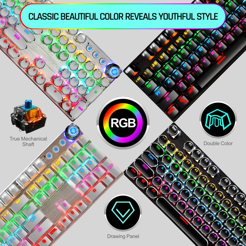 Mechanical Gaming Keyboard, Black Retro Punk Gaming Keyboard with RGB Backlit, 104 Keys Blue Switch Wired Cute Keyboard, Unique
