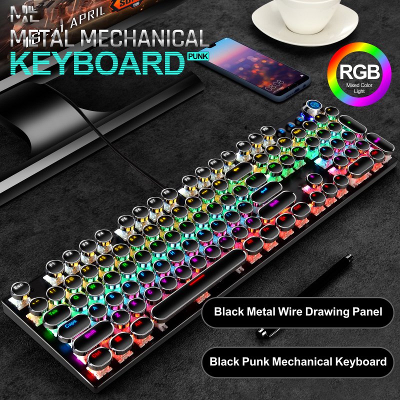 Mechanical Gaming Keyboard, Black Retro Punk Gaming Keyboard with RGB Backlit, 104 Keys Blue Switch Wired Cute Keyboard, Unique