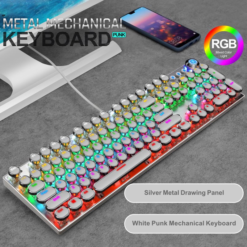 Mechanical Gaming Keyboard, Black Retro Punk Gaming Keyboard with RGB Backlit, 104 Keys Blue Switch Wired Cute Keyboard, Unique