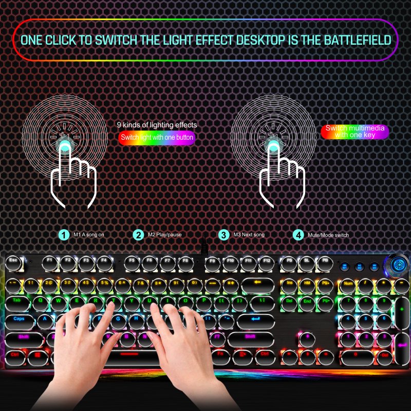 Mechanical Gaming Keyboard, Black Retro Punk Gaming Keyboard with RGB Backlit, 104 Keys Blue Switch Wired Cute Keyboard, Unique