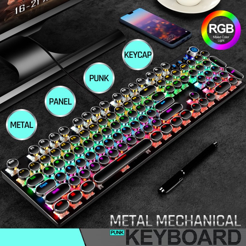 Mechanical Gaming Keyboard, Black Retro Punk Gaming Keyboard with RGB Backlit, 104 Keys Blue Switch Wired Cute Keyboard, Unique