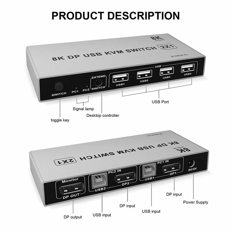 8K Dual-Port DP USB KVM Switch 2x1 4K@144hz Displayport 1.4 KVM Mouse Keyboard Supported