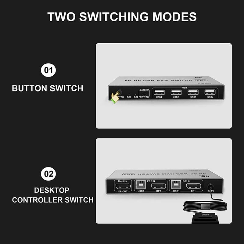 8K Dual-Port DP USB KVM Switch 2x1 4K@144hz Displayport 1.4 KVM Mouse Keyboard Supported