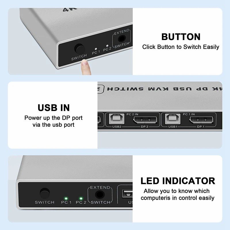 8K Dual-Port DP USB KVM Switch 2x1 4K@144hz Displayport 1.4 KVM Mouse Keyboard Supported