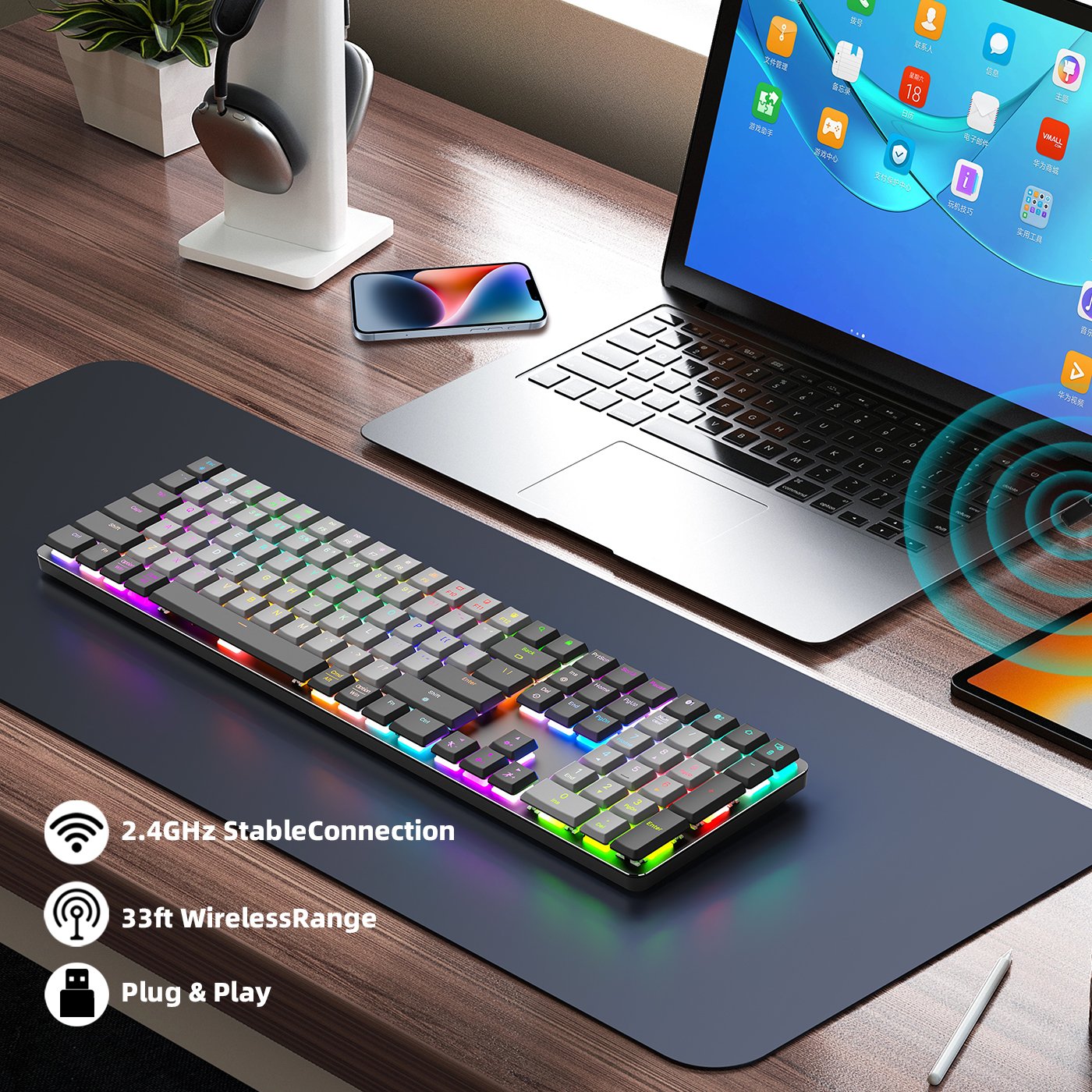 Custom Gateron Switches OUTEMU Axis Tri-mode Wired 2.4G Bluetooth RGB Wireless Aluminum Low Profile Gaming Mechanical Keyboard