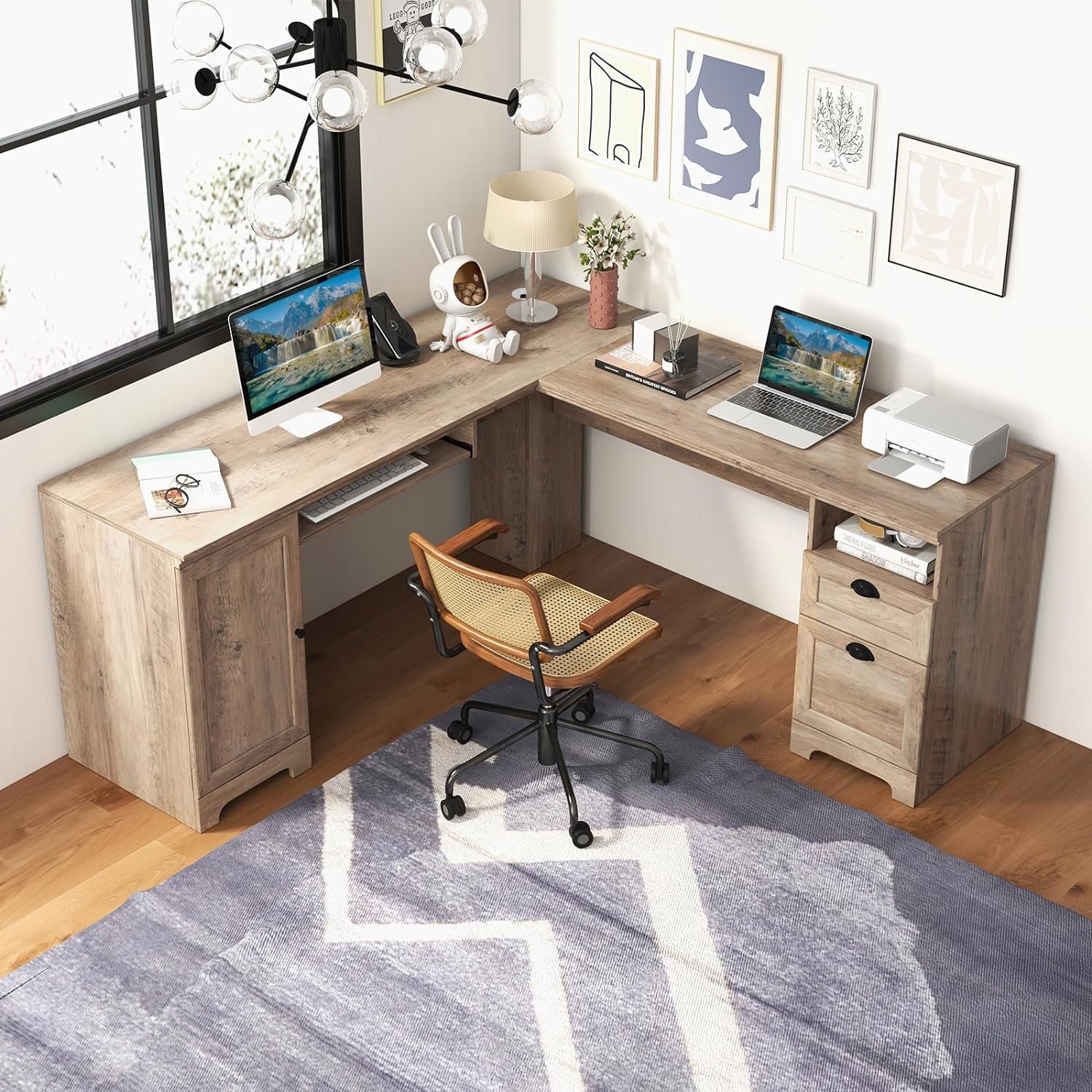 Keyboard tray, spacious corner computer desk with storage drawers and cabinets, Home desk, L-shaped desk