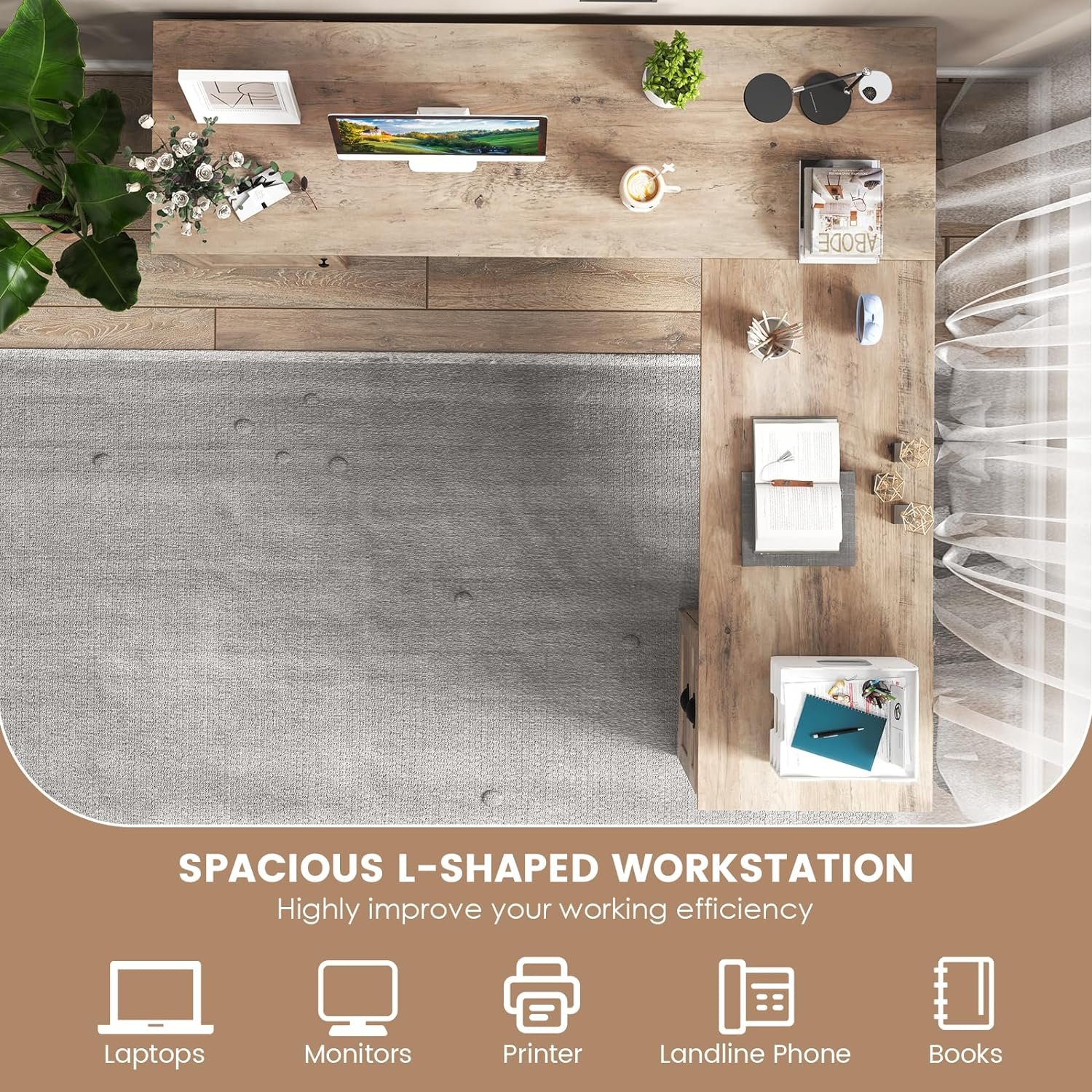 Keyboard tray, spacious corner computer desk with storage drawers and cabinets, Home desk, L-shaped desk