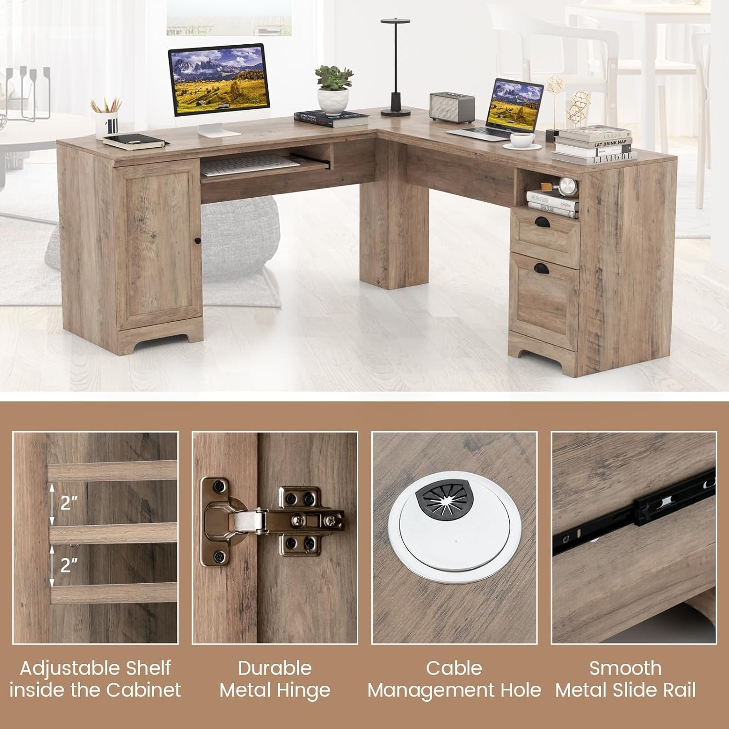 Keyboard tray, spacious corner computer desk with storage drawers and cabinets, Home desk, L-shaped desk
