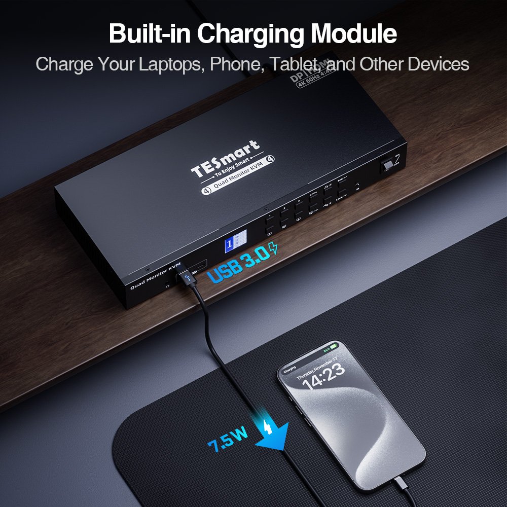 TESmart Quad Monitor MST KVM Switch Docking Station Kit With 4K60Hz EDID Emulator for 4 PCs 4x4 HDMI DP KVM Switcher