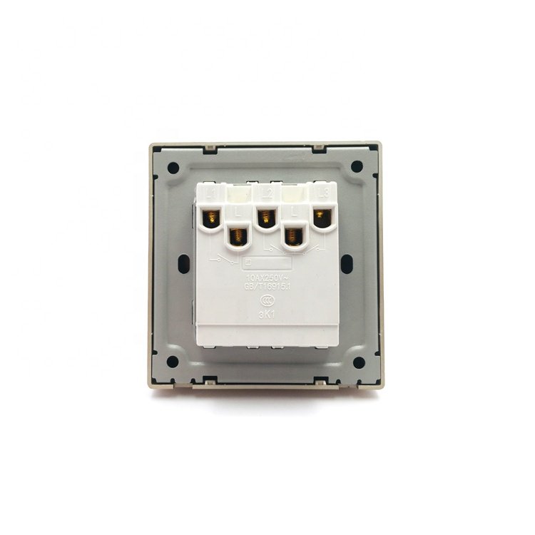 Best Seller Certificated Gold Color PC Panel British UK Standard 3 Gang Push Wall Light Switch