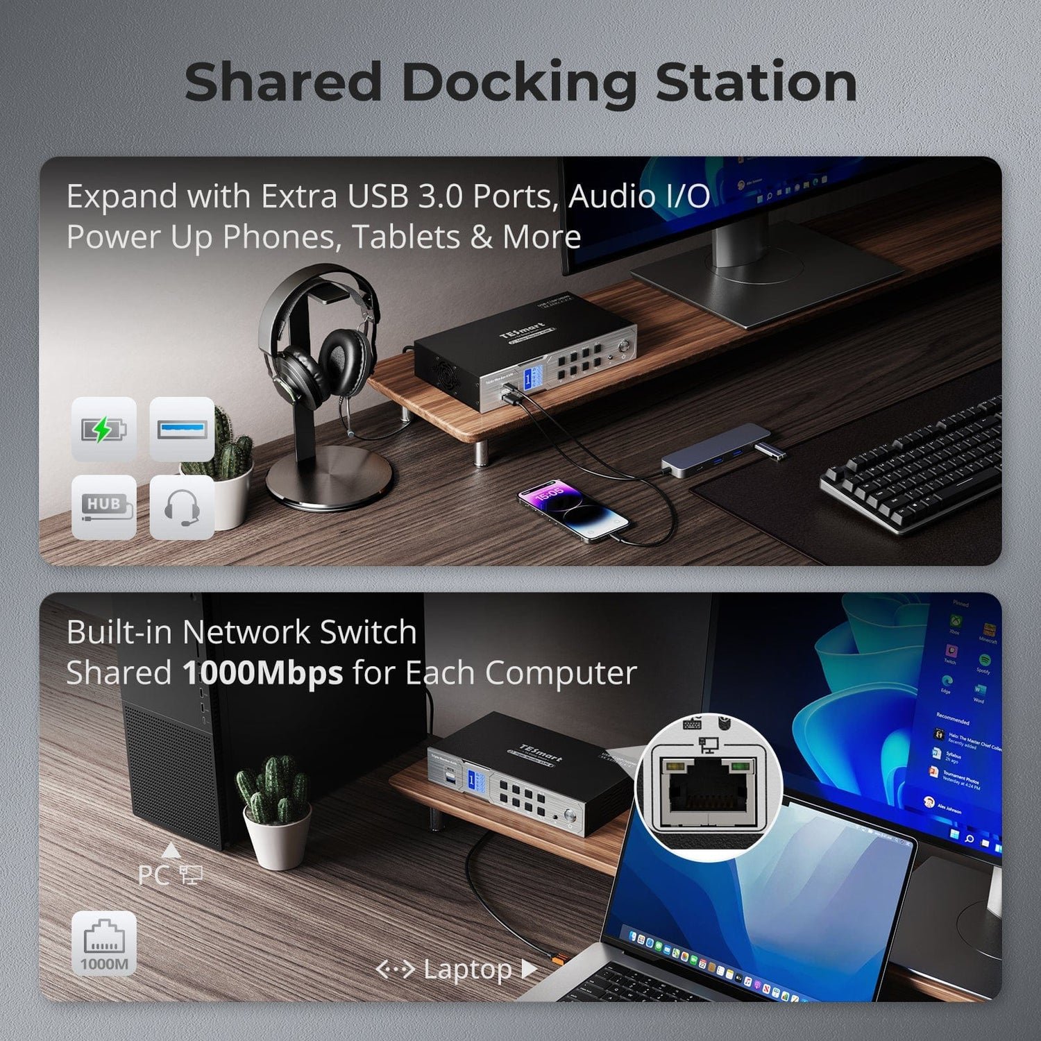 TESmart Triple Monitor 4K60Hz Hybrid KVM Gaming Dock for 1 Desktop PC & 1 Laptop w/ EDID MST HDMI DP USBC KVM Switches