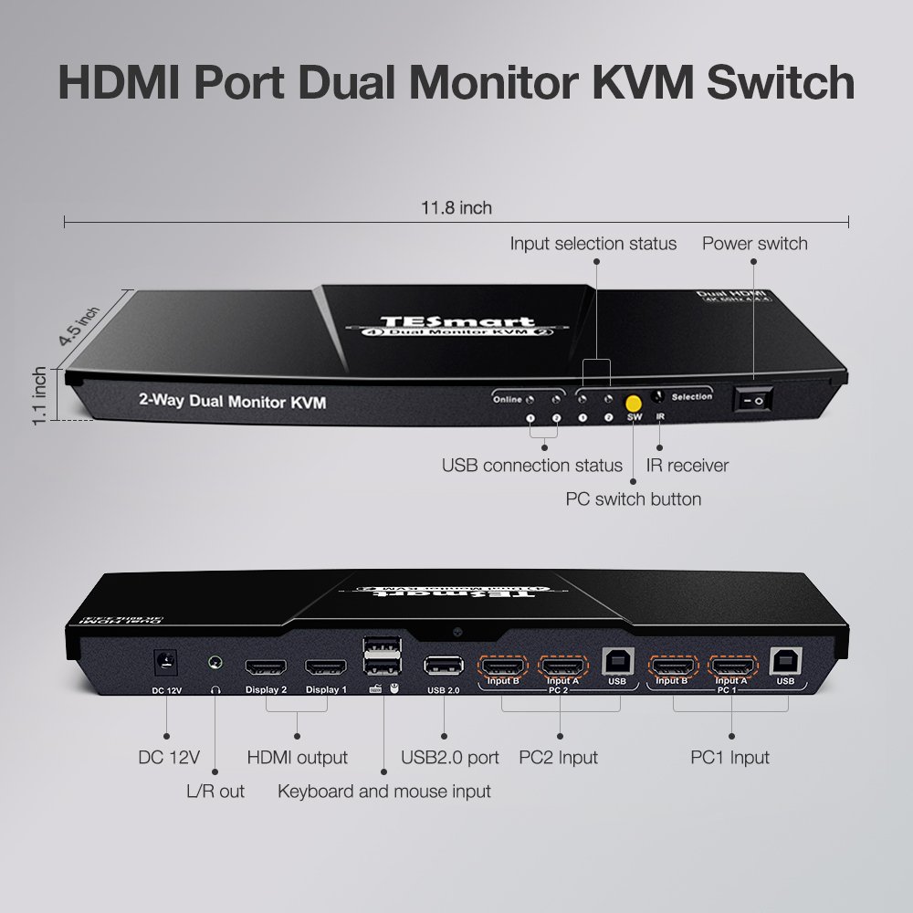TESmart ODM Video Umschalter 4 Input 2 Output Hdmi Switcher Kvm Switch 4 Port Dual Monitor Edid 4k60hz Kvm Switches