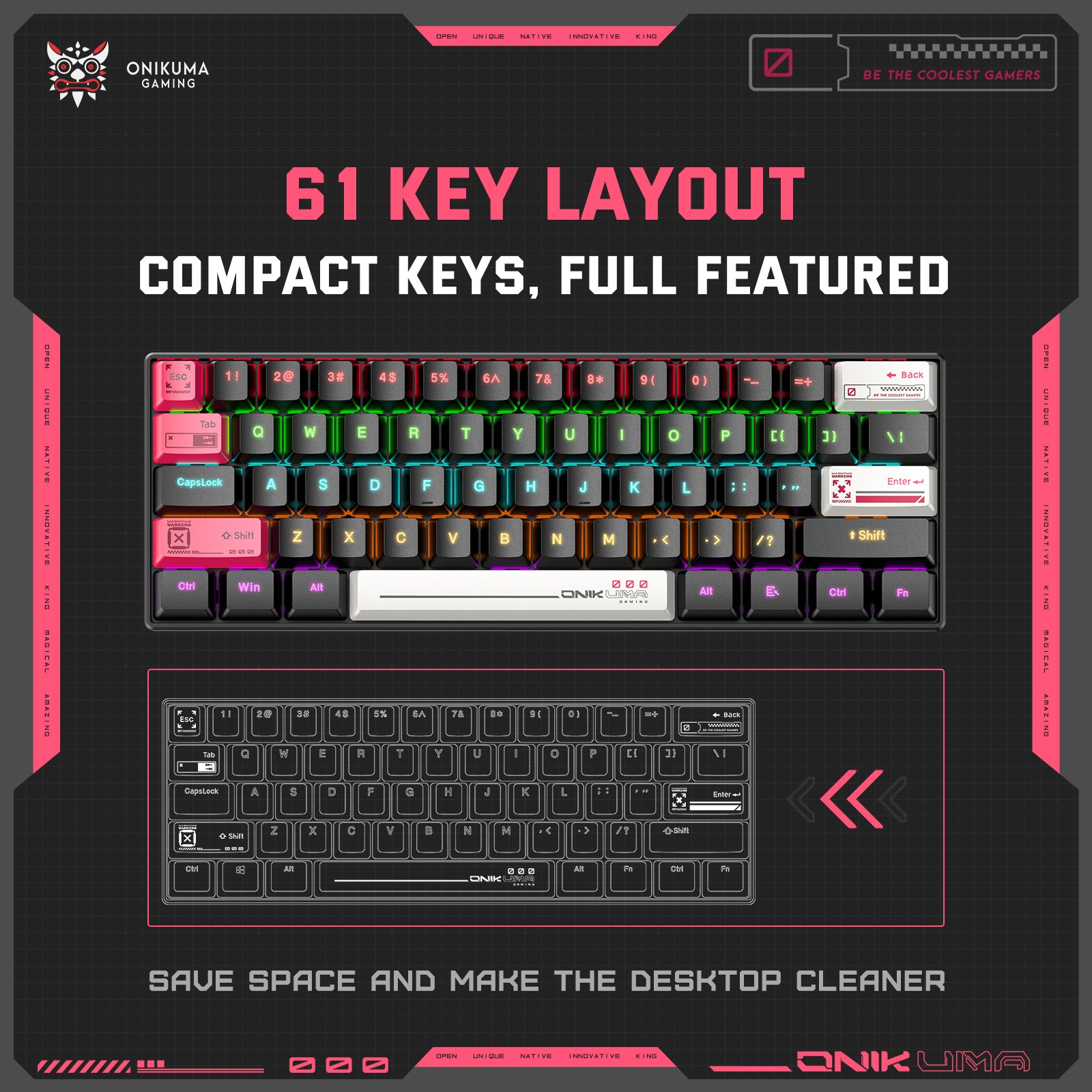 ONIKUMA G55 Wired 61 Keys RGB LED Lighting Gaming Mechanical Keyboard Fashion Custom Collocation Keyboards
