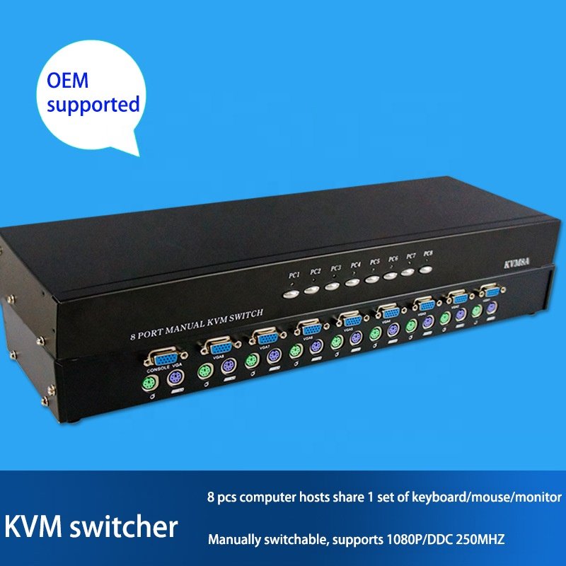 8 Port KVM Switch VGA PS2 Console 8 In 1 Out With Button Connects Printer Keyboard Mouse display device