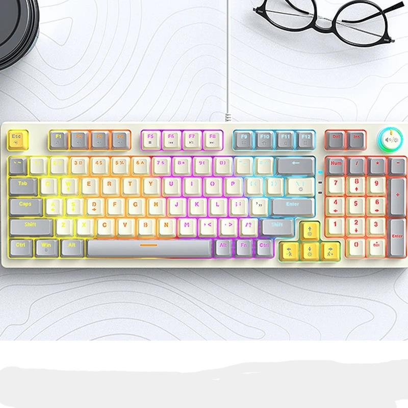 T50 Mechanical USB wired keyboard 97 keys Green axis light with knob Office gaming computer color keyboard Mechanical keyboard