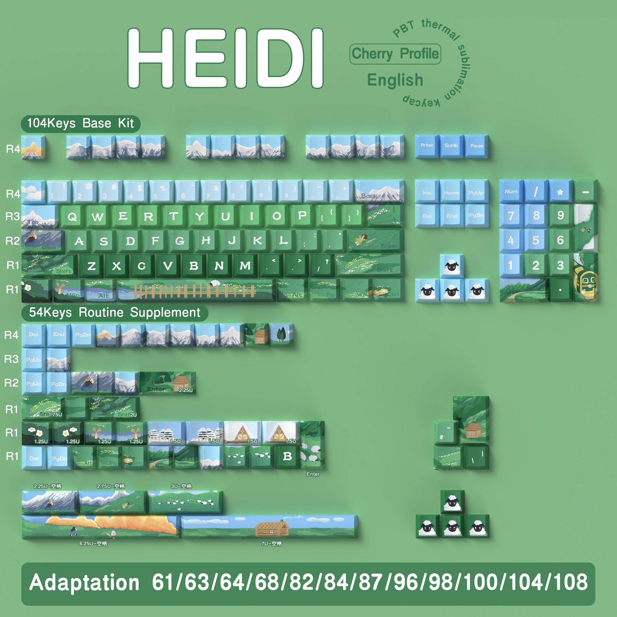 138/158 keys Heidi Keycaps Cherry profile PBT 5-side dye sub keycap with extra keys nice box gift for mechanical keyboards
