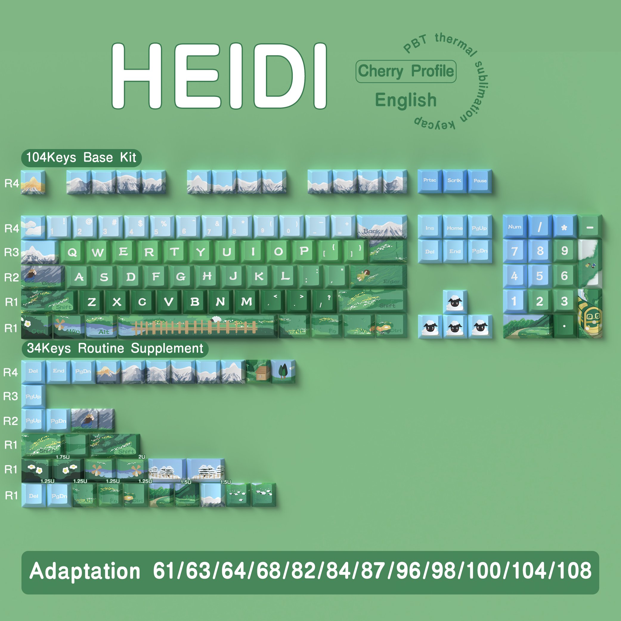 138/158 keys Heidi Keycaps Cherry profile PBT 5-side dye sub keycap with extra keys nice box gift for mechanical keyboards