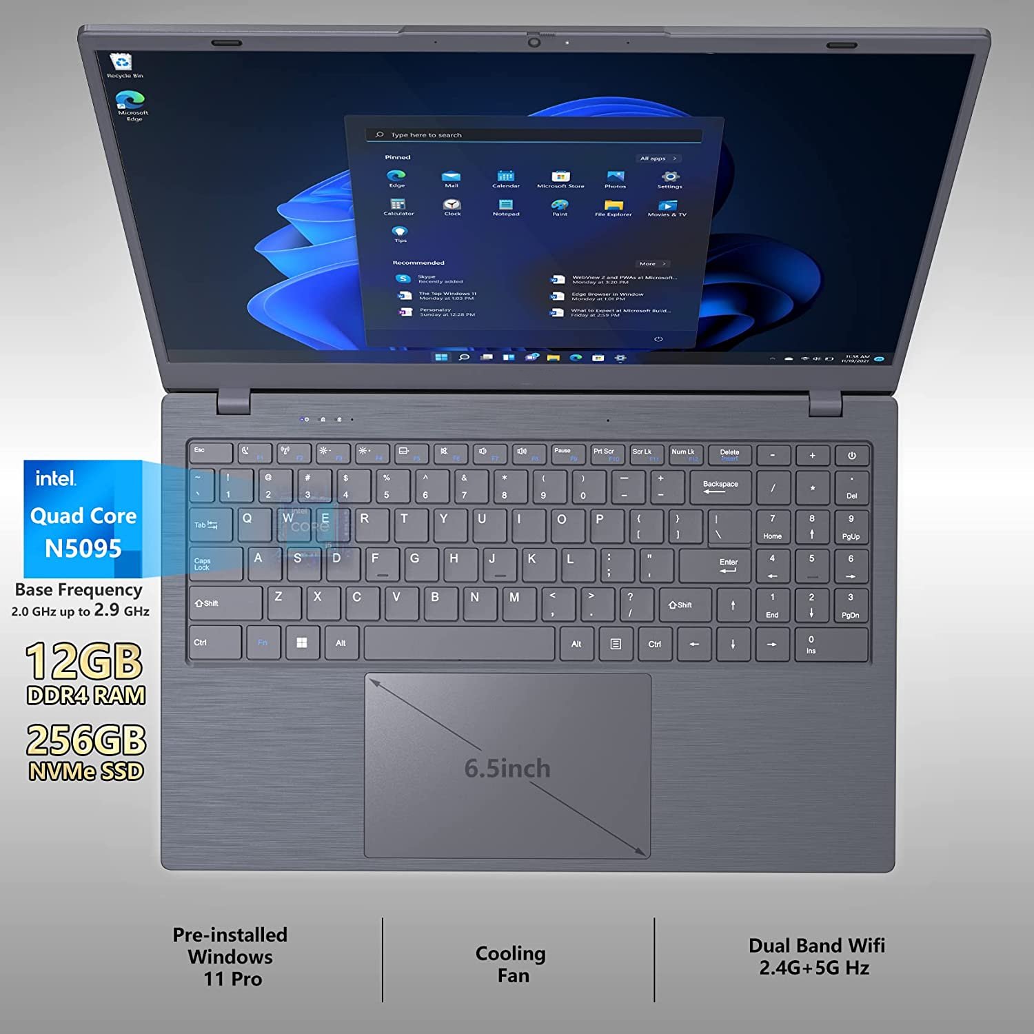 High Quality Intel N5095 brand new laptop 8GB Ram 256GB SSD Win11 Portable 15.6 Notebook Computer with Full Size Keyboard