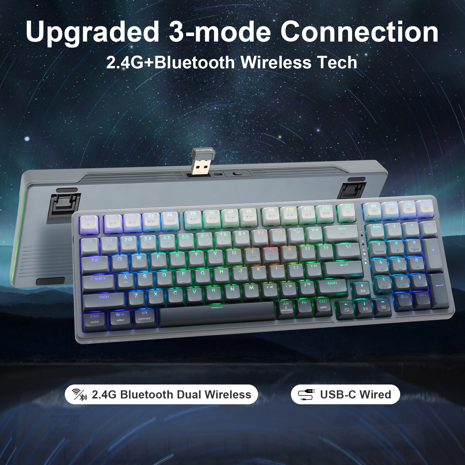 Wireless Mechanical BT5.0/2.4GHz/USB-C Hot Swappable Pre-lubed Click Switches Gasket Structure RGB Backlit Gaming Keyboard