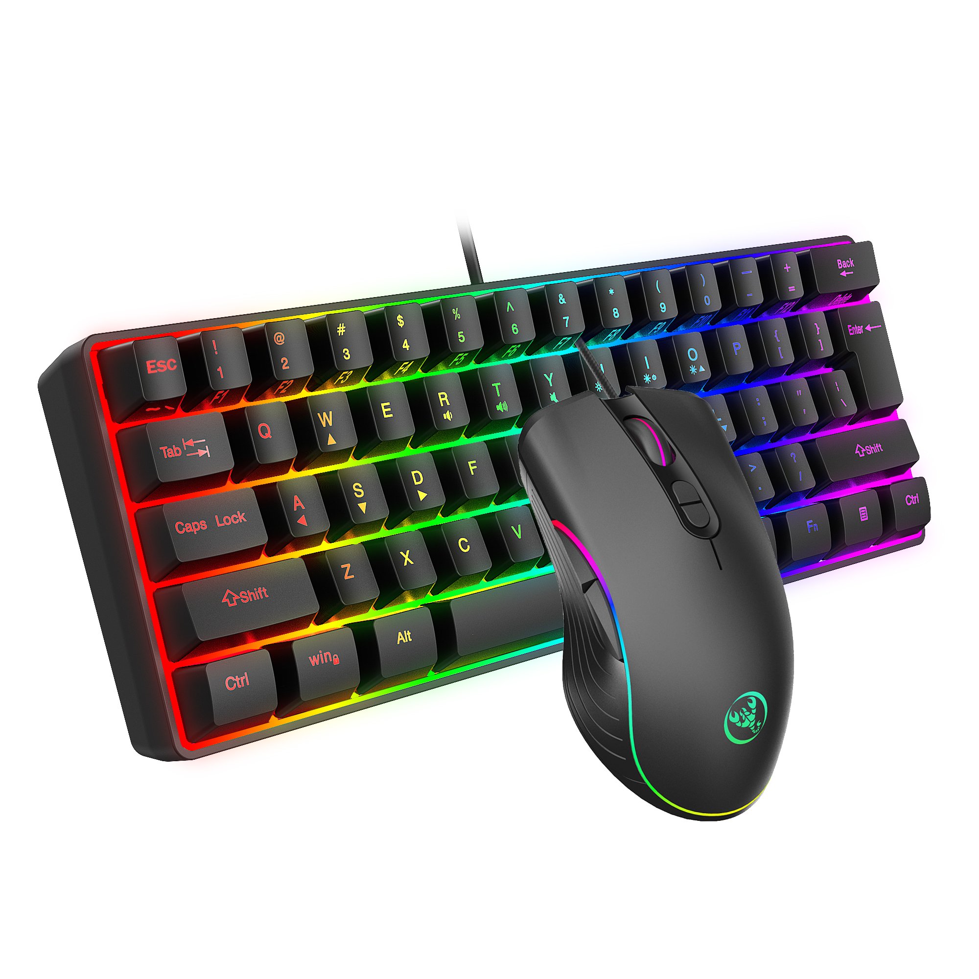 Wholesale HXSJ 61 keys mechanical feel keyboard and mouse combos wired USB mouse RGB backlit gaming set for computer game